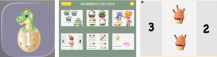 Educatieve screenshot met kleurrijke telactiviteiten voor kinderen, gericht op
cijfers herkennen en aantallen vergelijken. Links staat cijfer 1 bij een
dinosaurus-ei, midden toont menu ‘Numbers for Kids’ met oefentegels, rechts
vergelijkt een werkblad drie en twee
cupcakes.