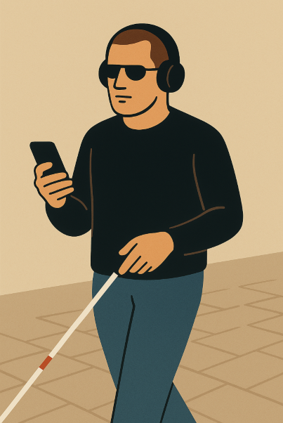 Blinde man met slimme stok smartphone en een slimme bril die over straat
loopt.