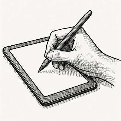 Hand met pen die op een tablet schrijft. Deze afbeelding is gegenereerd met
AI.