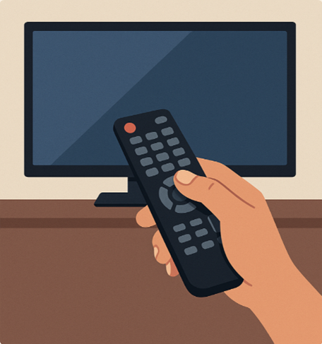 Hand met afstandsbediening en TV. Deze afbeelding is gemaakt met behulp van
AI.