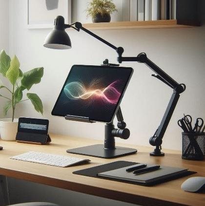 Een bureau met een iPad pro met toetsenbord op een hoge tabletstandaard. Ook staat er een plant, lamp en een pennenbakje op het bureau. 