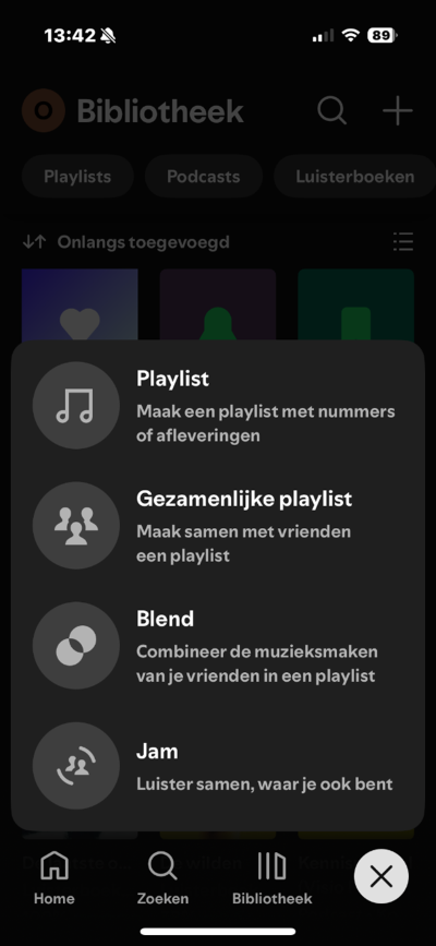 De uitgevouwen maken knop met de vier opties: playlist, gezamenlijke, blend,
jam