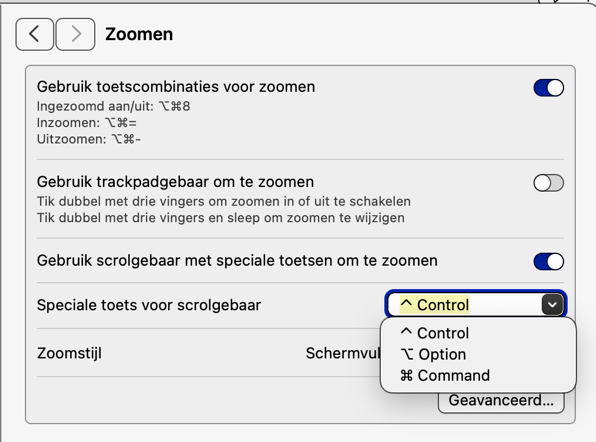Speciale toets voor scrolregelaar
instellingenscherm