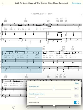 Bladmuziek scanner afspeelscherm met instelmogelijkheden voor toonhoogte en
snelheid.