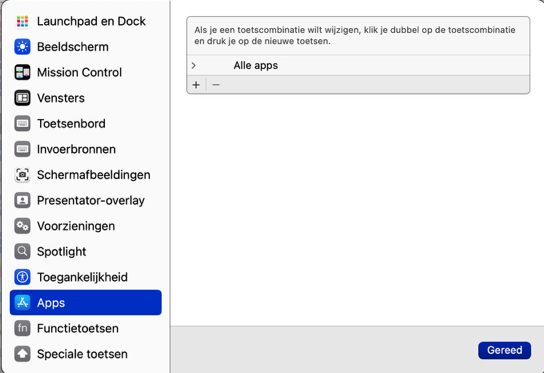 Instellingenscherm met optie Apps