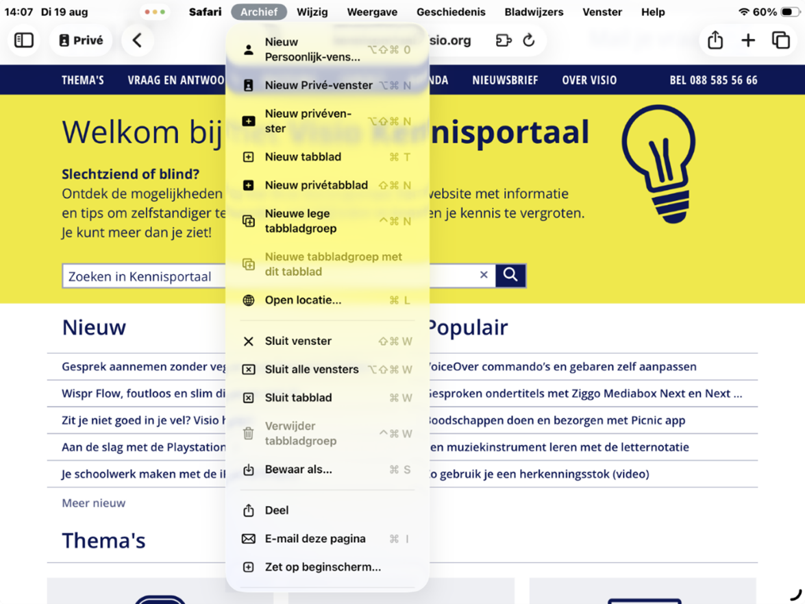 Safari website op iPad met menubalk