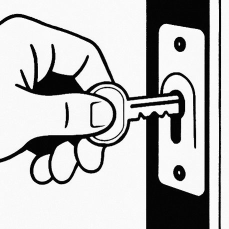 Getekende hand met sleutel di ein het slot gestoken wordt. Derze afbeelding is
gemaakt met behulp van AI.