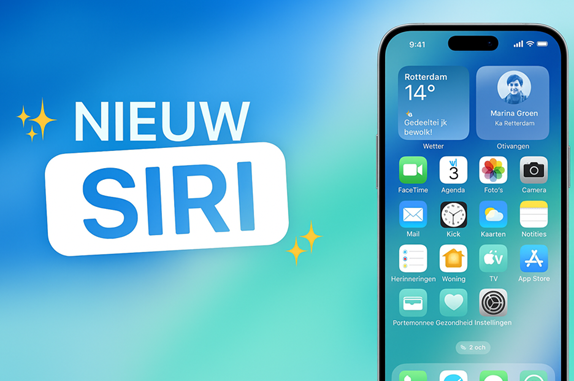 Nieuw Siri met daarnaast een beginscherm van een iPhone