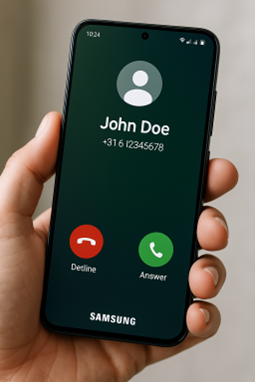 Afbeelding van een Samsung telefoon met de rode en groene knop om een gesprek
te beëindigen en om een gesprek aan te nemen.