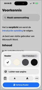 Een webpagina in de Reader van de Safari-app, met bovenaan de knop ‘Maak samenvatting’