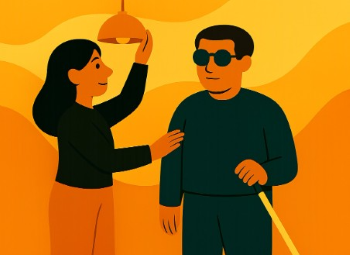 Vrouw hangt een lamp op voor haar slechtziende
man.