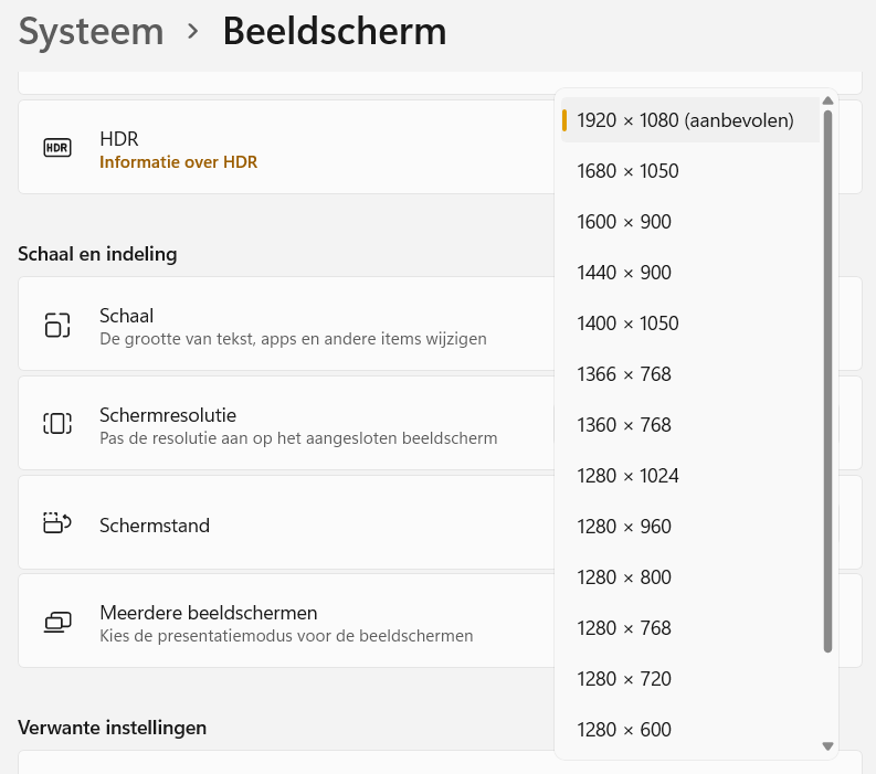 Instellingen voor beeldschermresolutie bij Windows