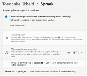 Het instellingenpaneel
waarmee je de functie 'Typen via stem' bij Windows 11
instelt