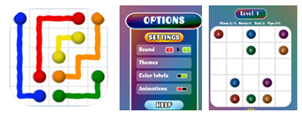 logo van het spel color connect gecombineerd met een screenshot van de het
keuzemenu van de instellingsmogelijkheden en de aanpassing van de stippen waar
letters in staan als optie.