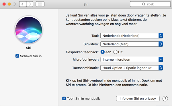 Instellingenvenster van Siri 