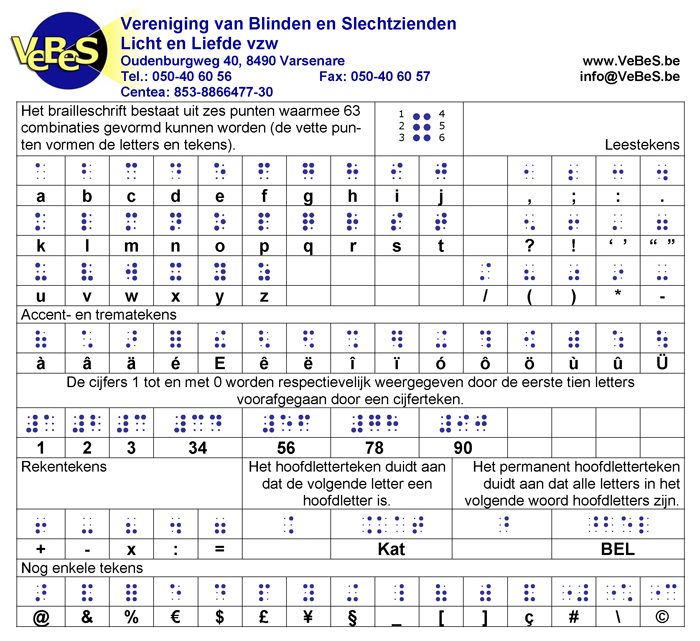 visueel overzicht van brailleletters, cijfers en een selectie van
leestekens