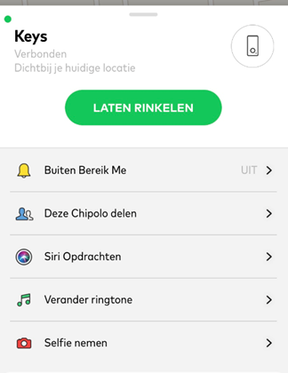 Scherm in de Chipolo app waarin je de card kan laten rinkelen