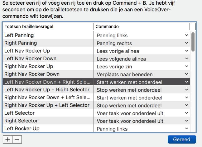 Tabel met aan de leesregel toegewezen leesregelcommando's