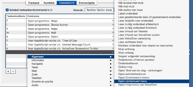 Programmeren van de sneltoets OPTION + PUNT om  het contextmenu te
openen.