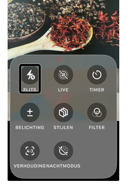 Onderkant Camera app scherm met acht
knoppen