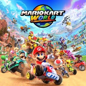 Mario Kart World met Mario in een kart op de
voorgrond.